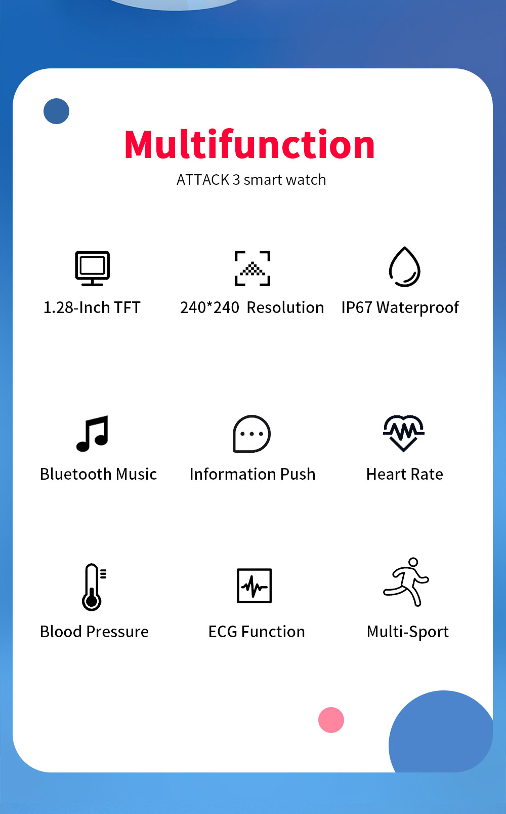 LOKMAT ATTACK 3 Smartwatch 1.28'' TFT Screen Bluetooth Call ECG Monitoring, Heart Rate, Blood Pressure, Blood Oxygen