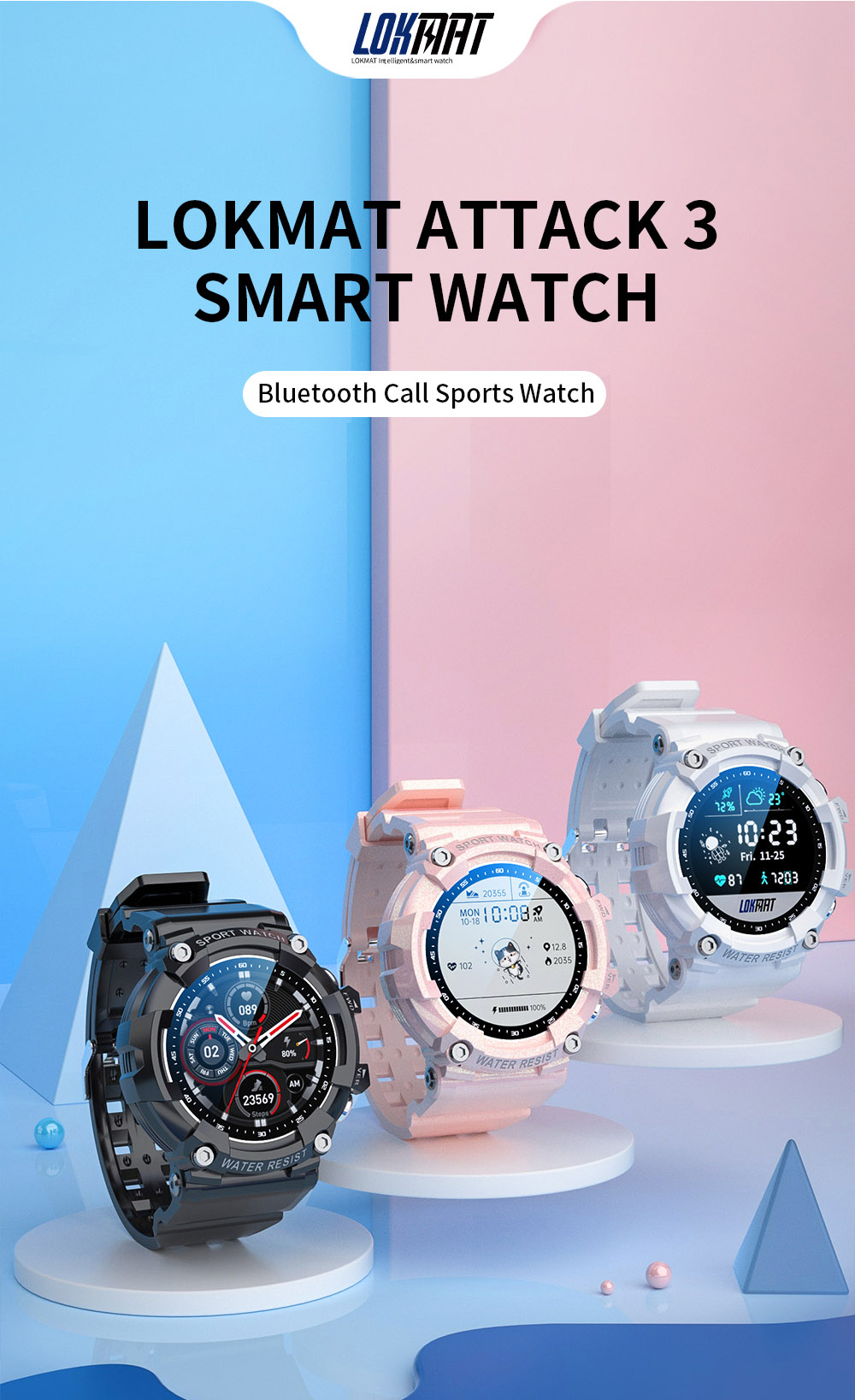 LOKMAT ATTACK 3 Smartwatch 1.28'' TFT Screen Bluetooth Call ECG Monitoring, Heart Rate, Blood Pressure, Blood Oxygen - Pink