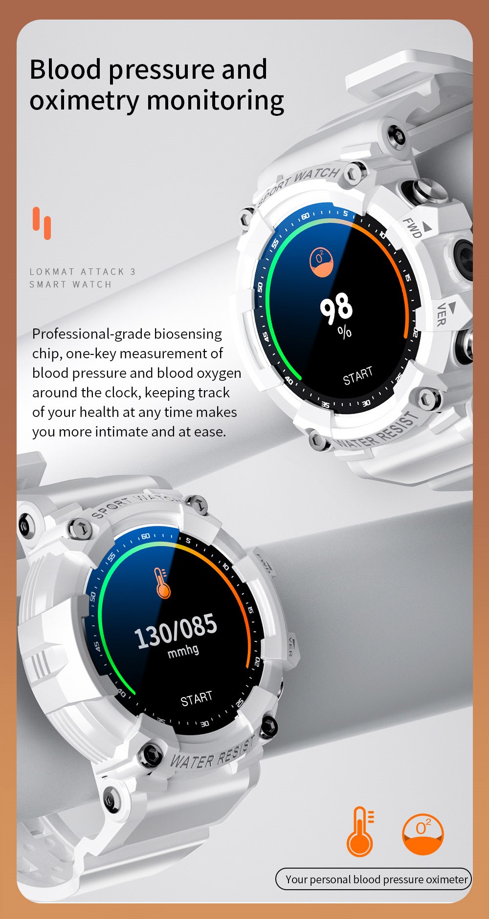 LOKMAT ATTACK 3 Smartwatch 1.28'' TFT Screen Bluetooth Call ECG Monitoring, Heart Rate, Blood Pressure, Blood Oxygen - Pink
