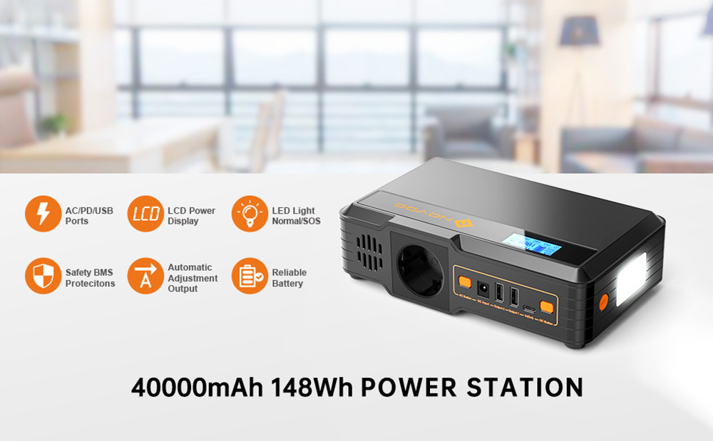 NOVOO MiniGo Portable Power Station, 148Wh/40000mAh Laptop Mobile Charger Power Supply, PD 60W Fast Charging, LED Light