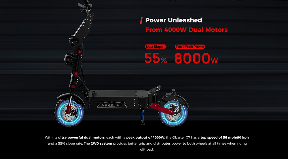 OBARTER-X7 Super Electric Scooter 4000W*2 Dual Motors 60Ah Battery 90km/h Max Speed 120kg Load