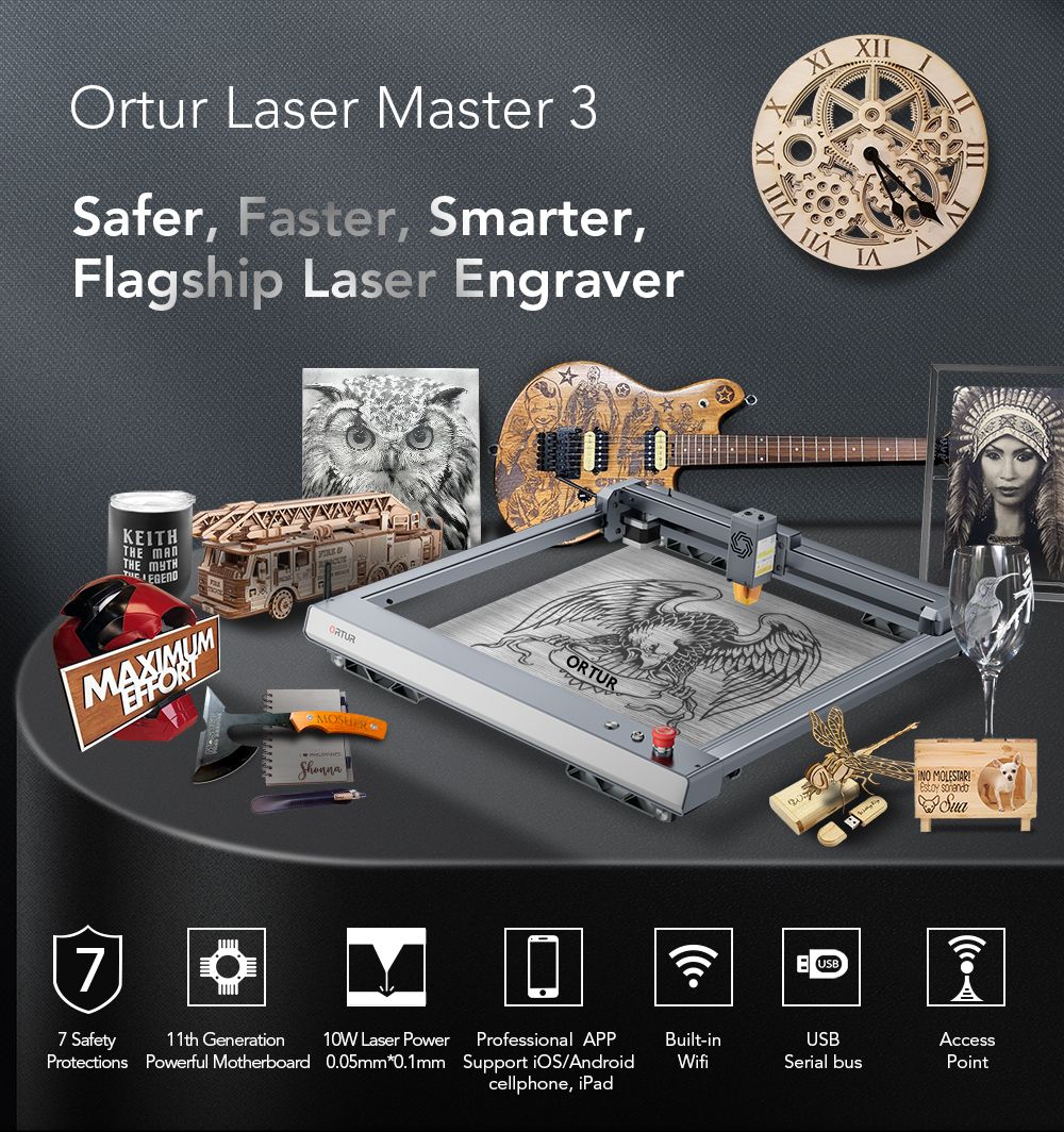 ORTUR Laser Master 3 10W Laser Engraver Cutter, 20,000mm/min, 0.05x0.1mm Focus Spot, LU2-10A Laser Module, Cuts 30mm Acrylic, Emergency Stop, Child Lock, Built-in WiFi, Engraving Area 400mmx400mm, US Plug