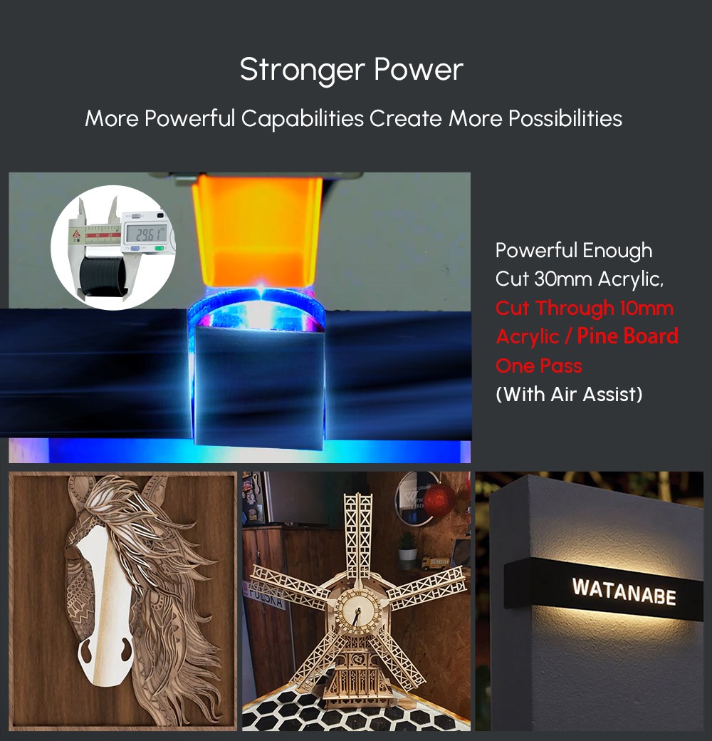 ORTUR Laser Master 3 10W Laser Engraver Cutter, 20,000mm/min, 0.05x0.1mm Focus Spot, LU2-10A Laser Module, Cuts 30mm Acrylic, Emergency Stop, Child Lock, Built-in WiFi, Engraving Area 400mmx400mm, US Plug