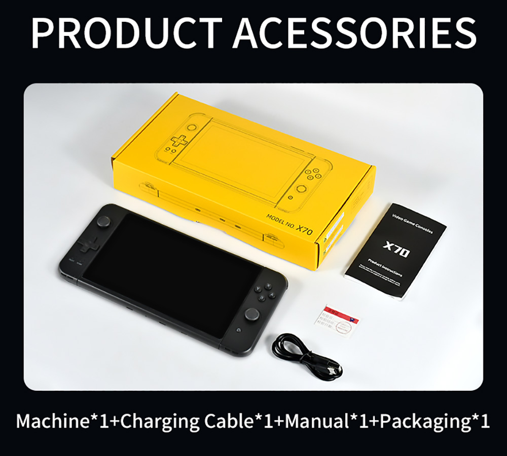 POWKIDDY X70 Handheld Game Console 7.0 Inch IPS Screen Retro Video Game Player Linux System 32GB TF Card Black