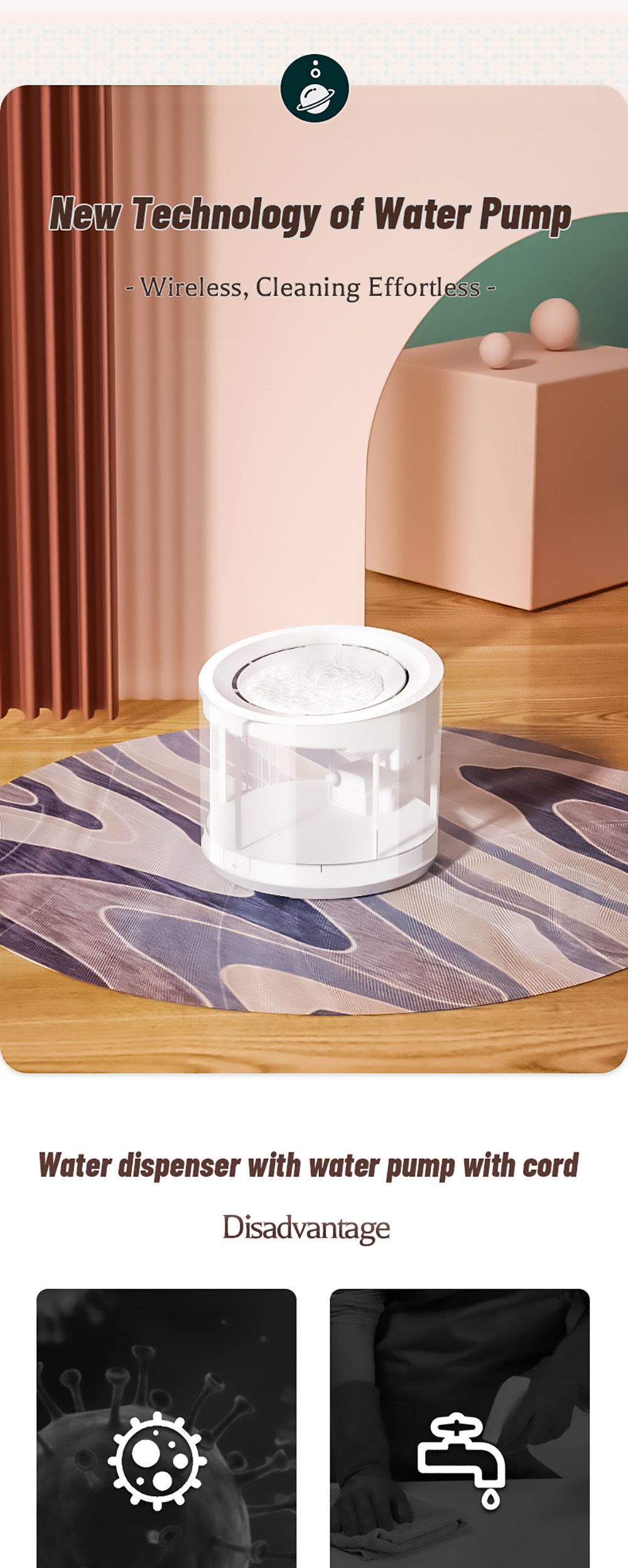 Petree 1.8L Pet Water Dispenser, Waterproof Dogs Cats Mute Drinker, 4 Layer Purification System, Hair Filtration