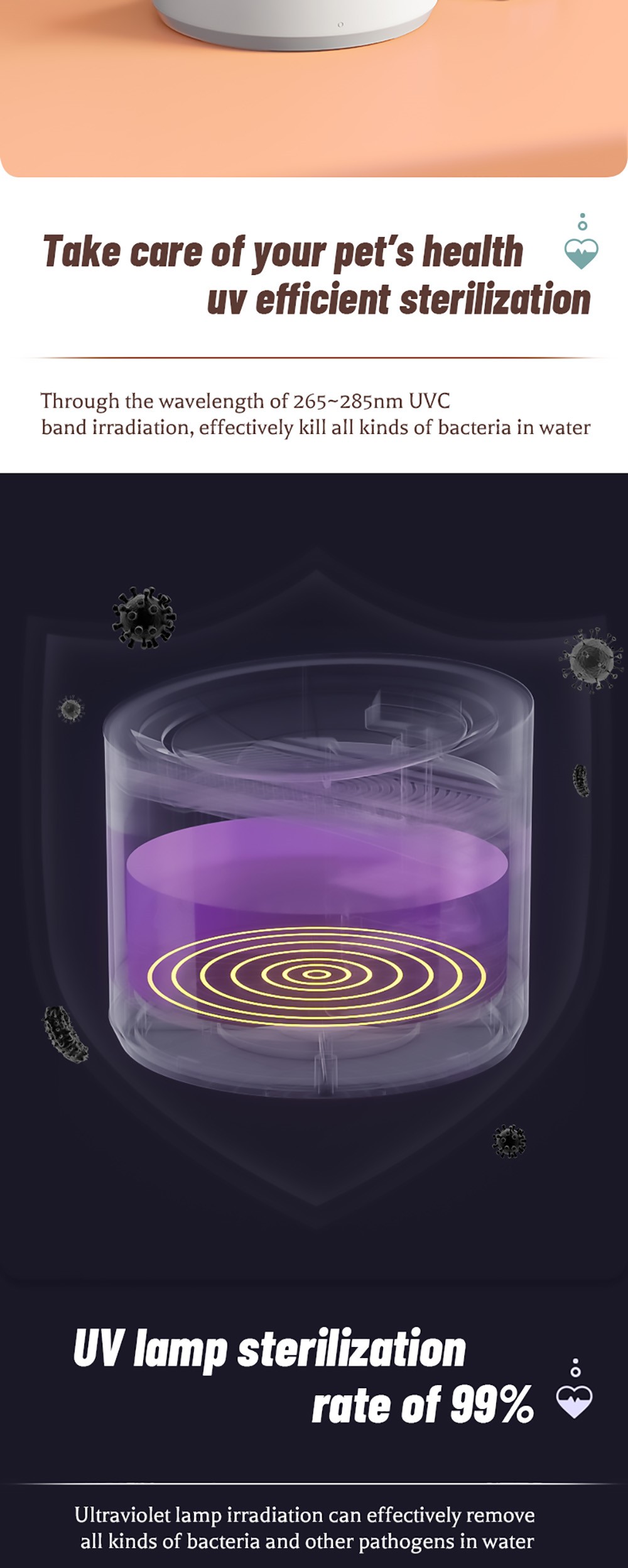 Petree 1.8L Pet Water Dispenser, Waterproof Dogs Cats Mute Drinker, 4 Layer Purification System, Hair Filtration