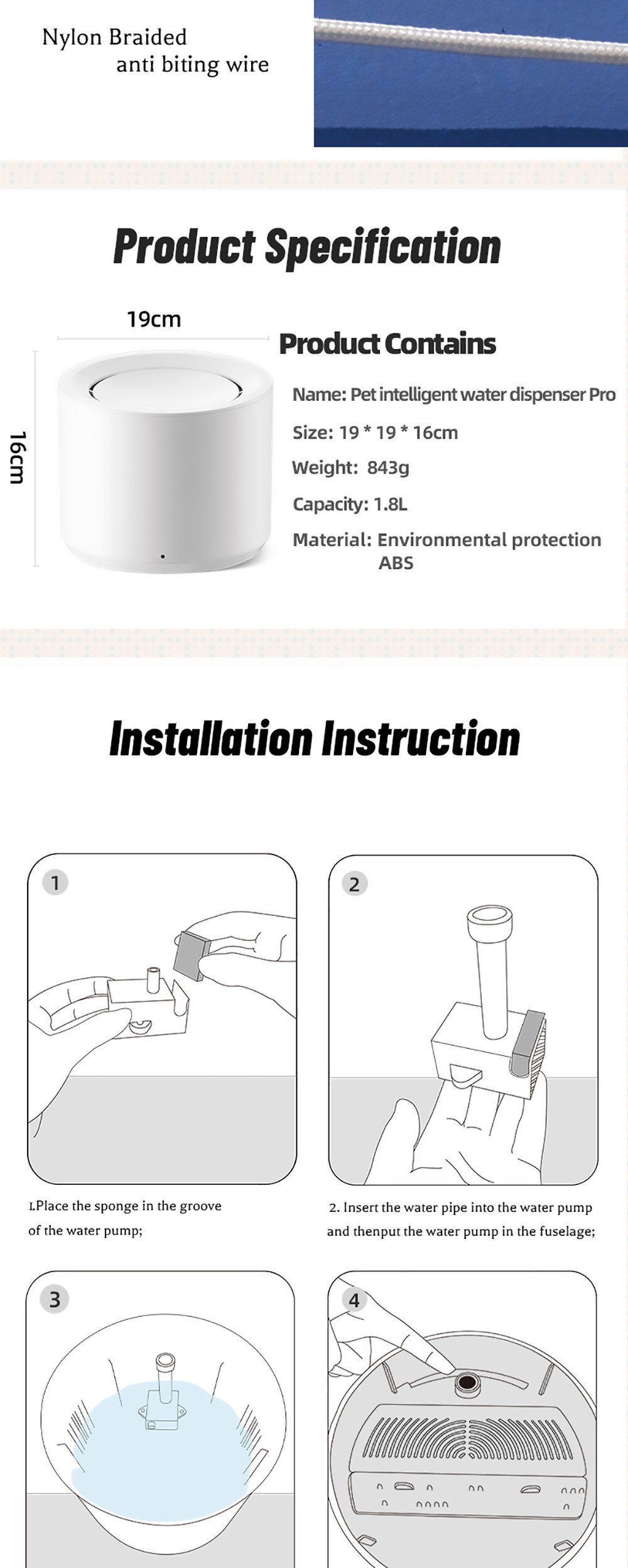 Petree 1.8L Pet Water Dispenser, Waterproof Dogs Cats Mute Drinker, 4 Layer Purification System, Hair Filtration