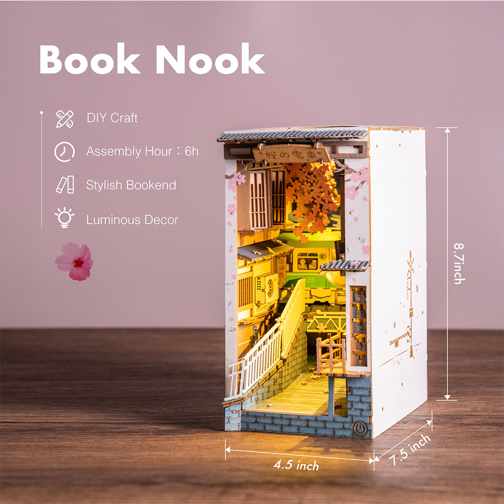 ROBOTIME TGB01 Rolife Sakura Densya 3D drevené puzzle DIY Miniature House Book Nook Kit, 340Pcs