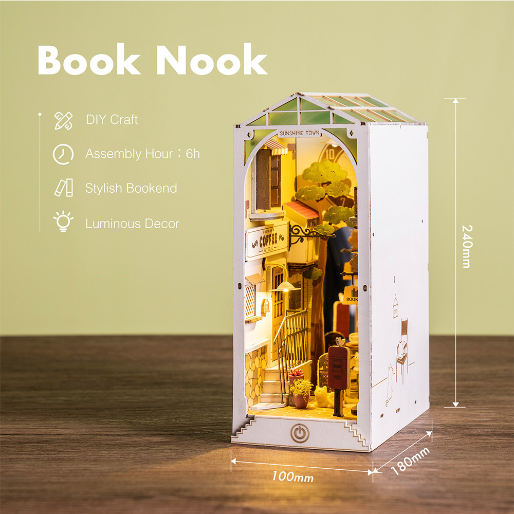 ROBOTIME TGB02 Rolife Sunshine Town 3D drevená stavebnica DIY miniatúrny domček Book Nook Puzzle Kit, 246ks