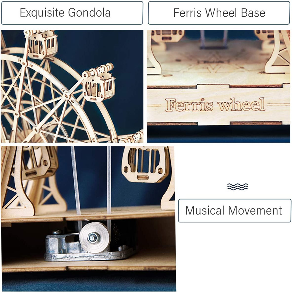 ROBOTIME TGN01 Rolife Ferris Wheel Music Box 3D Drevené puzzle pre domácich majstrov, 232 ks