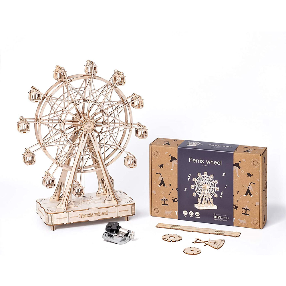 ROBOTIME TGN01 Rolife Ferris Wheel Music Box 3D Drevené puzzle pre domácich majstrov, 232 ks