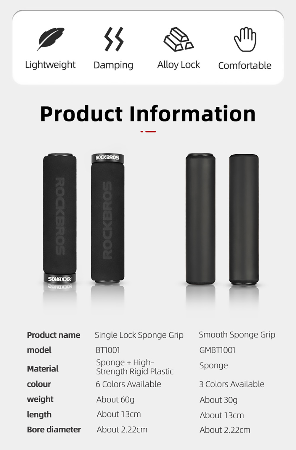 ROCKBROS Bicycle Grip MTB Sponge HandleBar Grip Anti-skid Shock-absorbing Soft Bike Grip Ultralight - Black & Red