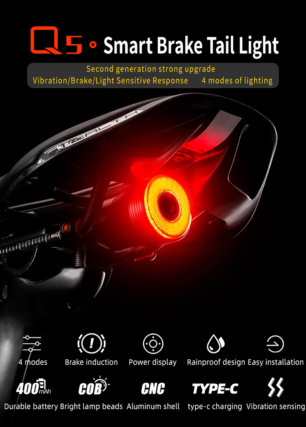 ROCKBROS Q5 Bike Light Smart Sensor LED Light IPX6 Waterproof 4 Flash Modes Taillight - Double Bracket