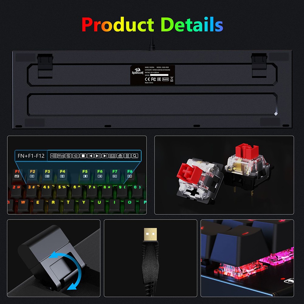 Redragon K565-RGB 104-Key Wired Mechanical Keyboard RGB Backlight US Layout Aluminum Base Red Switch - Black