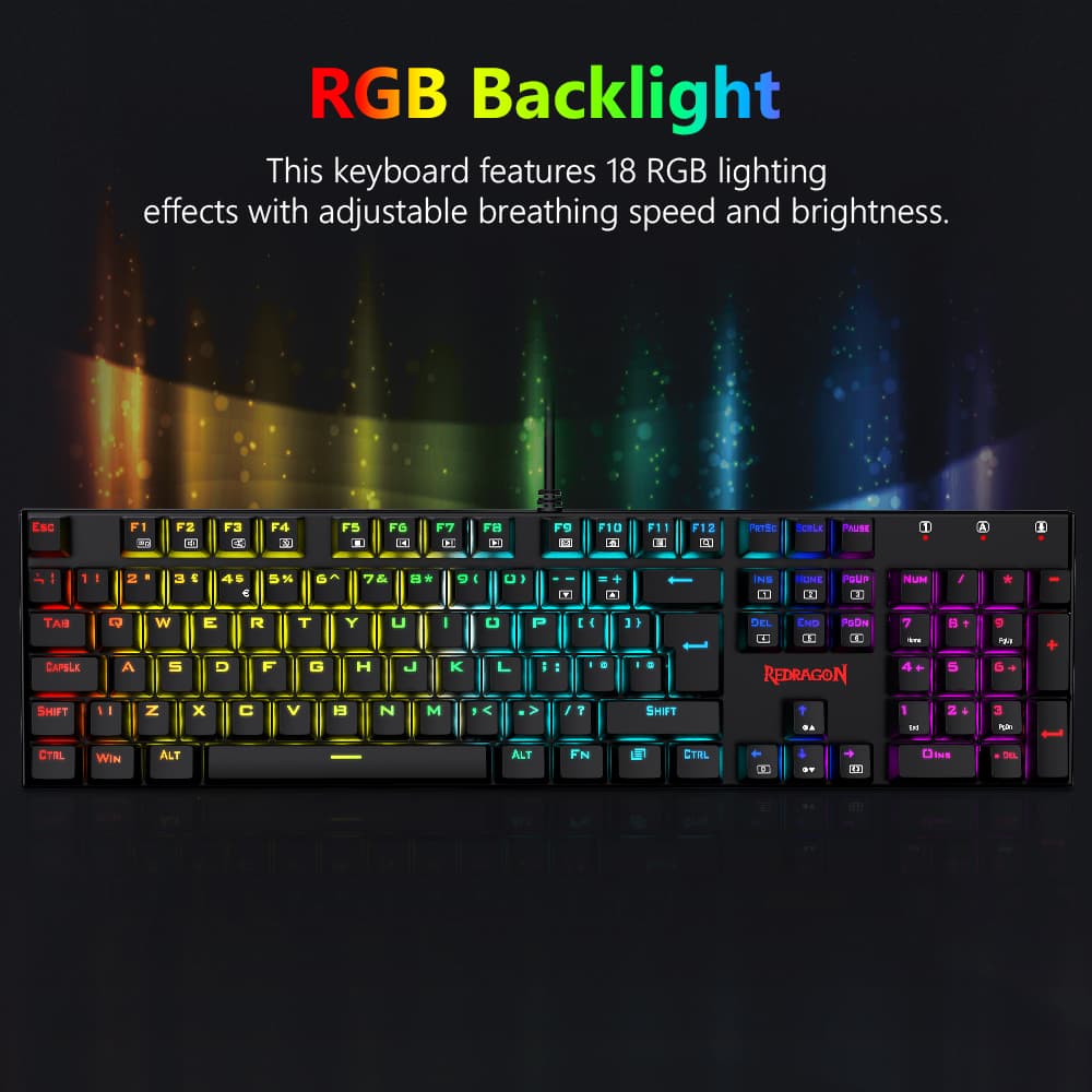 Redragon 105key K565-RGB Mechanical Keyboard RGB Backlight UK Layout Aluminum Base Red Switch - Black