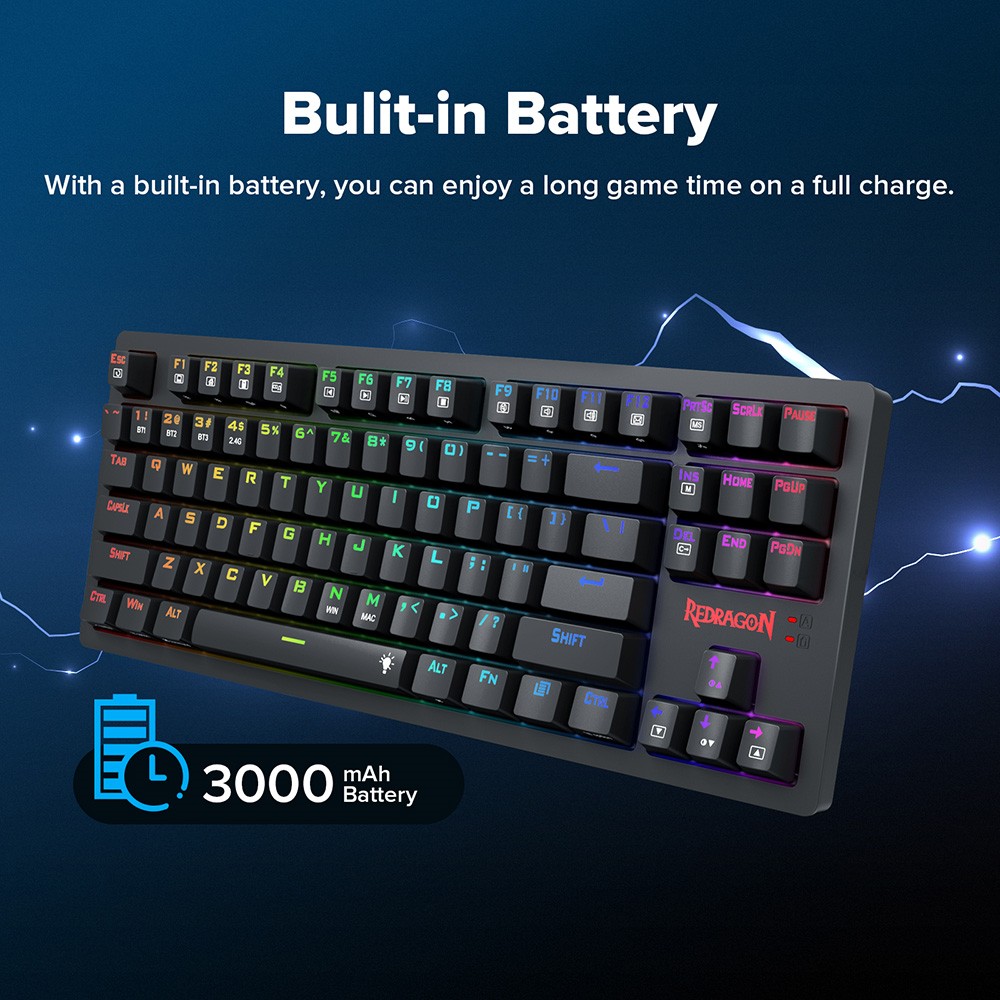 Redragon K598P-KBS RGB TKL Wireless Mechanical Keyboard Bluetooth/2.4Ghz/Wired Tri-Mode Blue Switch for Win/Mac - Black