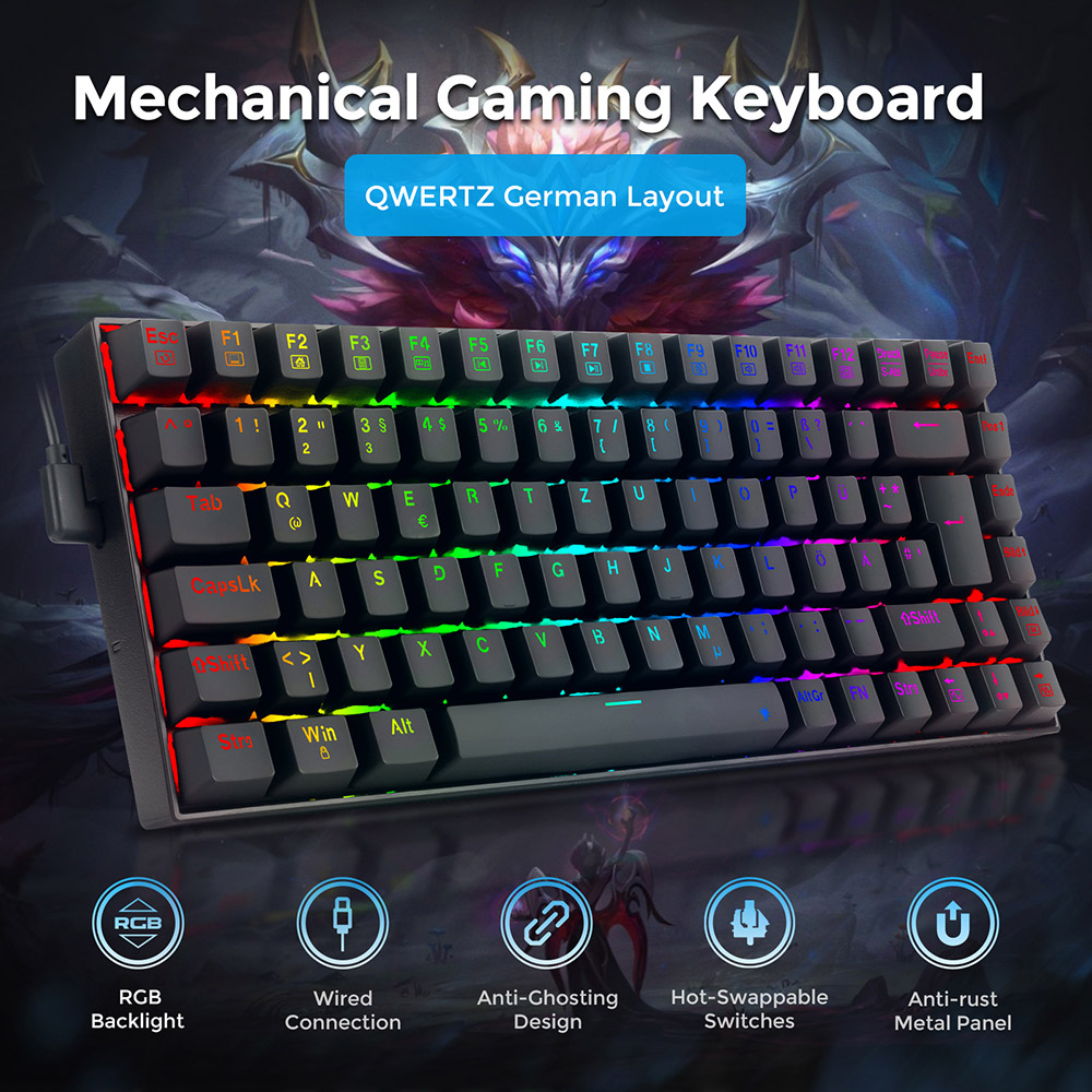 Redragon K629-RGB 75% RGB Backlight Mechanical Gaming Keyboard 84 Keys Red Switch DE Layout- Black