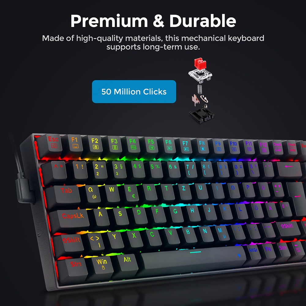 Redragon K629-RGB 75% RGB Backlight Mechanical Gaming Keyboard 84 Keys Red Switch DE Layout- Black