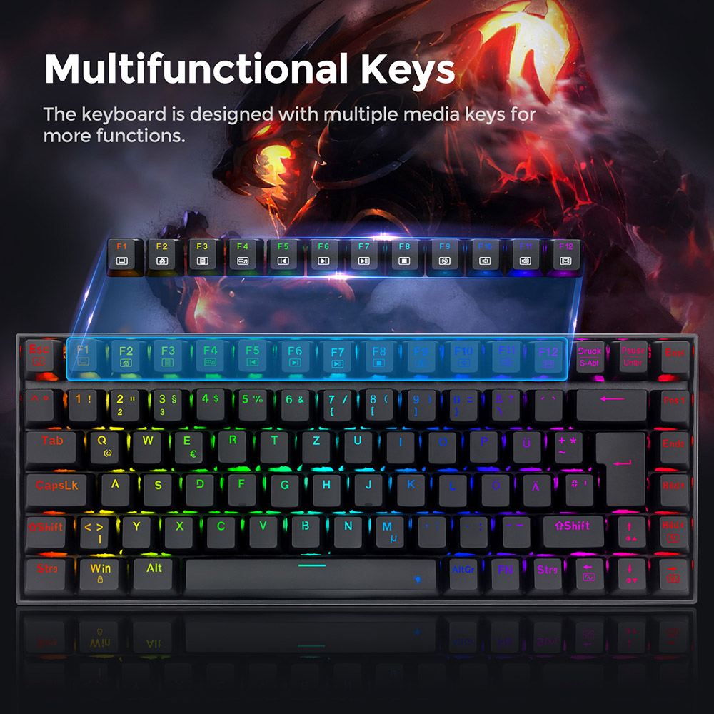 Redragon K629-RGB 75% RGB Backlight Mechanical Gaming Keyboard 84 Keys Red Switch DE Layout- Black