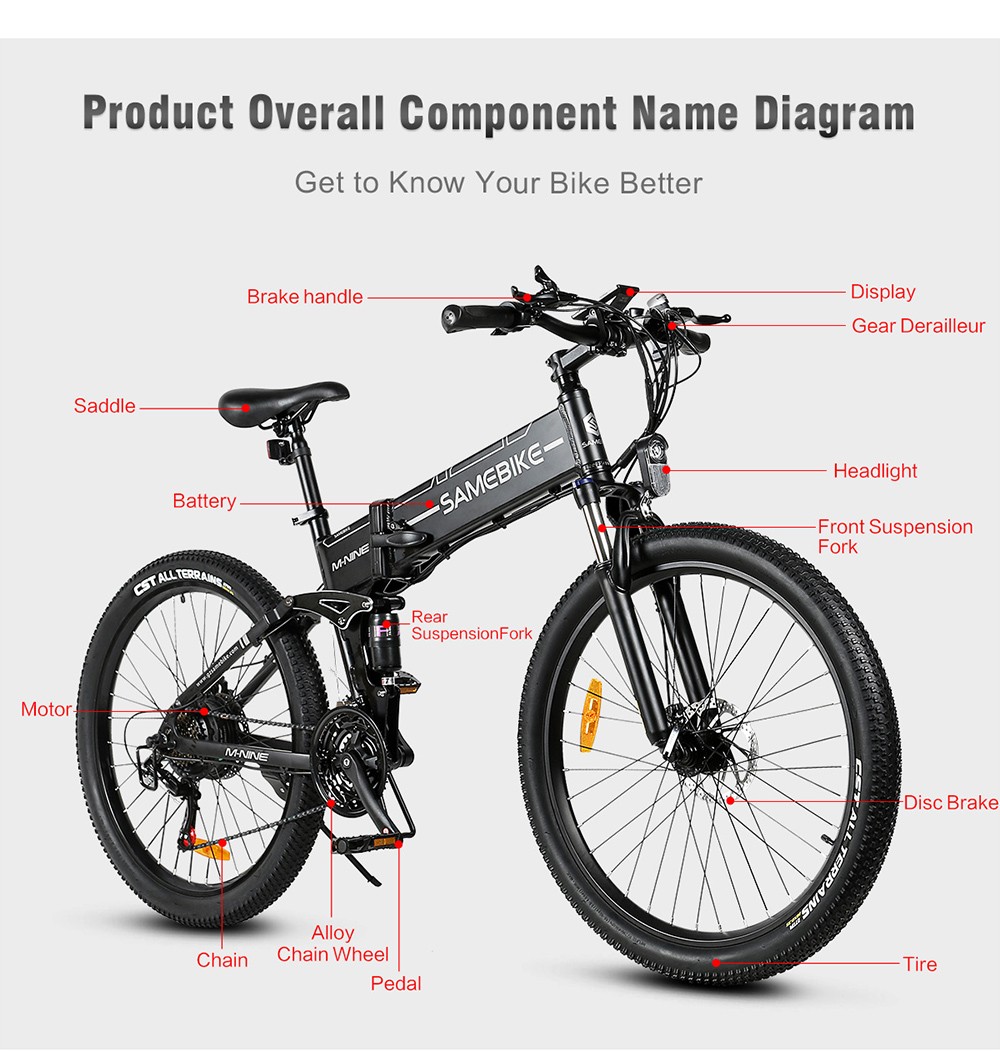 SAMEBIKE LO26-II Foldable Mountain Electric Bike 750W Motor 48V 10Ah Battery 60-80 km Range 35km/h Max Speed - Black