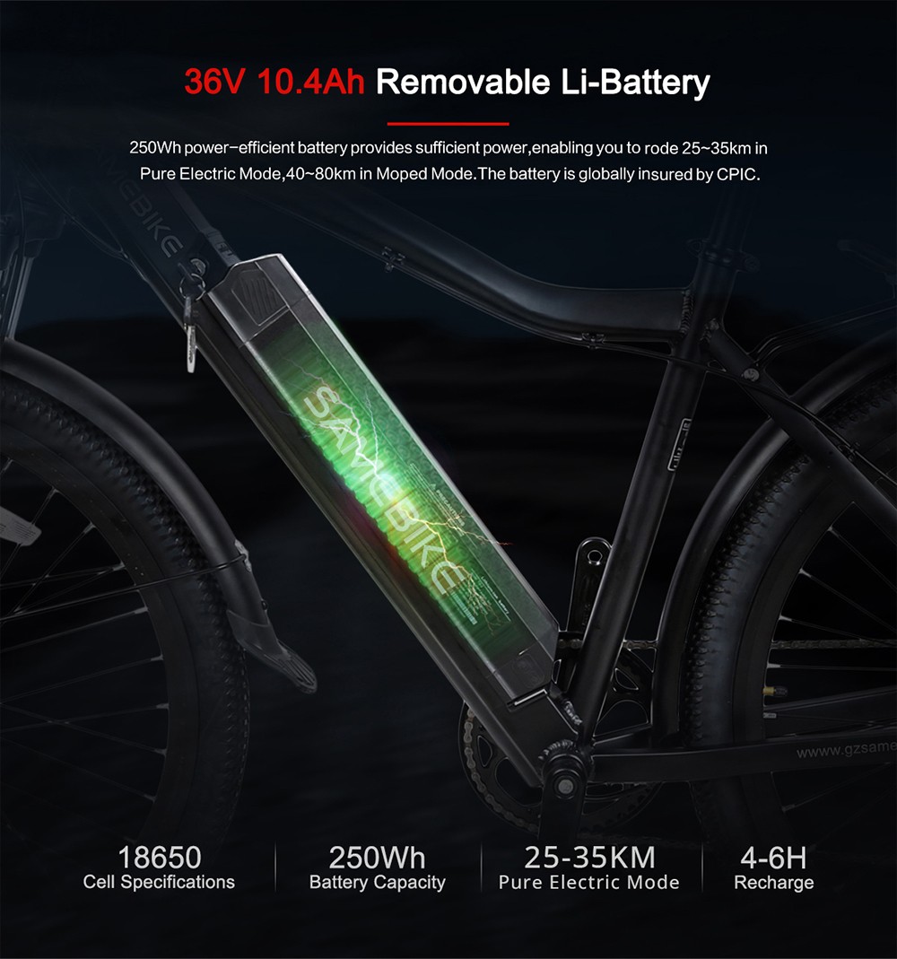 SAMEBIKE LVHLB26A E-bike 27.5'' Mountain Bike 36V 250W Motor 10.4Ah Removable Battery 40-80 km Range 20mph Max Speed