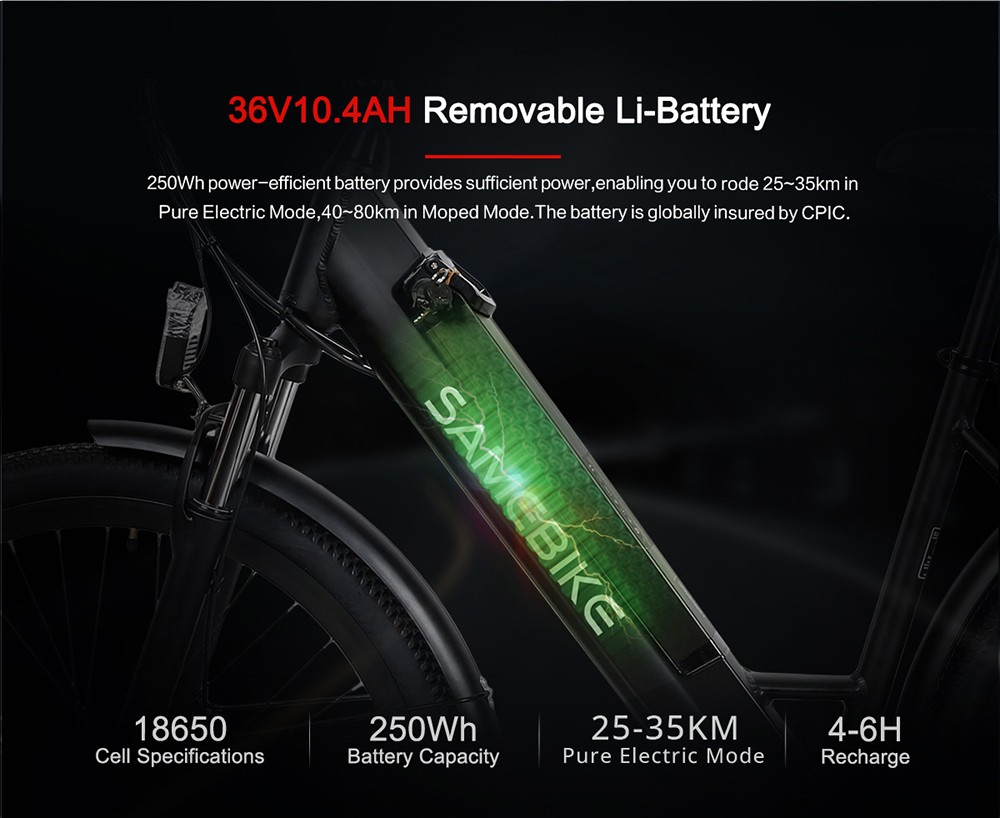 SAMEBIKE LVHLB26B E-bike 27.5'' Mountain Bike 36V 250W Motor 10.4Ah Removable Battery 40-80 km Range 20mph Max Speed