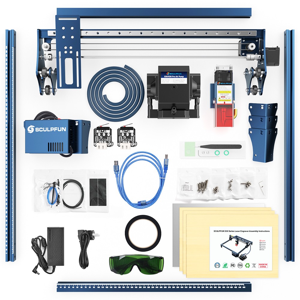 SCULPFUN S30 Pro Max 20W Laser Engraver Cutter, Automatic Air-assist, 0.08x0.1mm Laser Focus, 32-bit Motherboard, Replaceable Lens, 410x400mm, Expandable 935x905mm