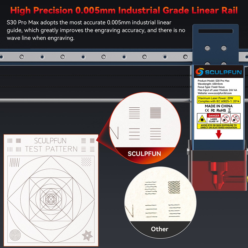 SCULPFUN S30 Pro Max 20W Laser Engraver Cutter, Automatic Air-assist, 0.08x0.1mm Laser Focus, 32-bit Motherboard, Replaceable Lens, 410x400mm, Expandable 935x905mm