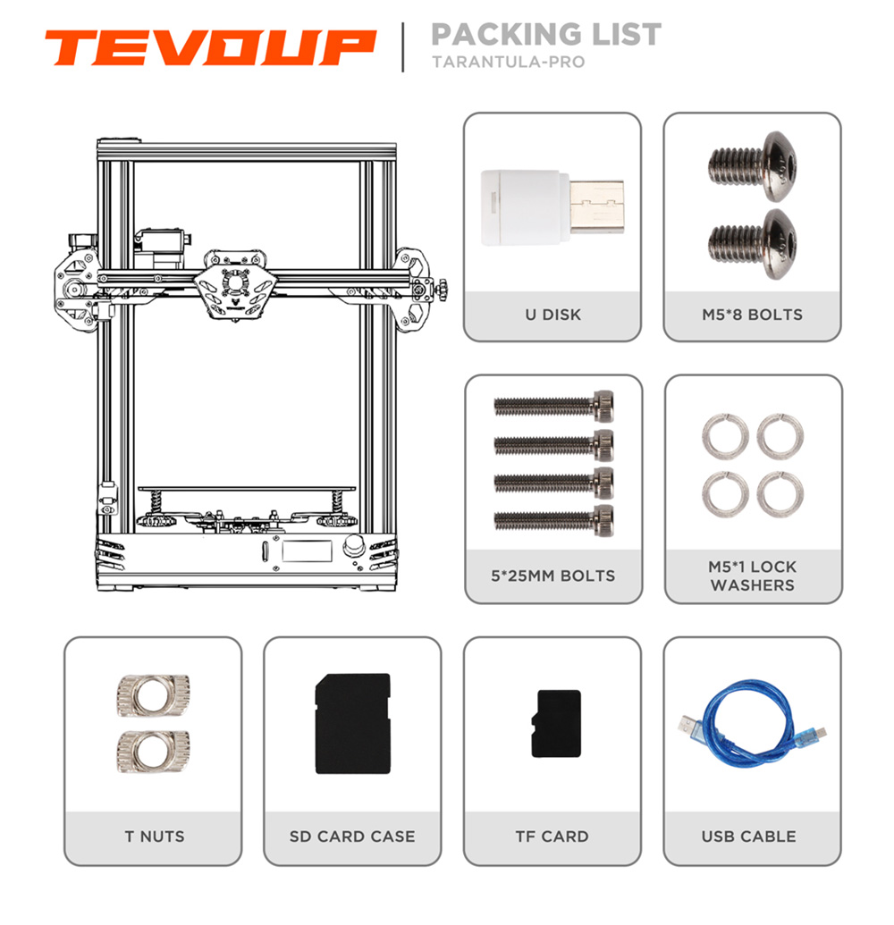 TEVOUP Tarantula Pro 3D Printer, Semi-Automatic Leveling, 0.4mm Nozzle, 0.05mm XY-axis Accuracy, Volcano Hotend, 32-bit Motherboard, 235x235x250mm