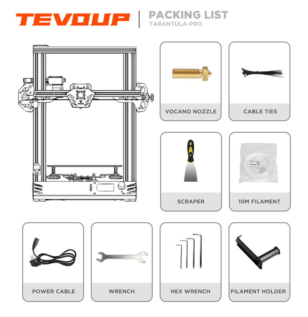 TEVOUP Tarantula Pro 3D Printer, Semi-Automatic Leveling, 0.4mm Nozzle, 0.05mm XY-axis Accuracy, Volcano Hotend, 32-bit Motherboard, 235x235x250mm