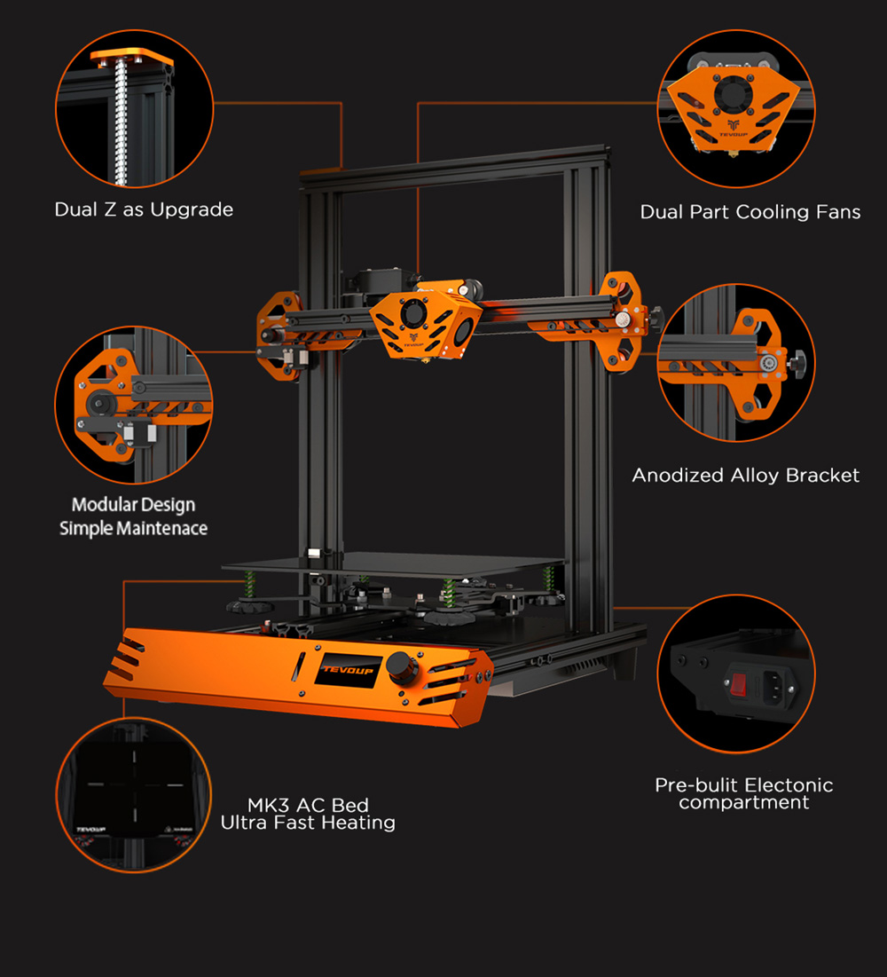 Imprimante 3D TEVOUP Tarantula Pro, mise à niveau semi-automatique, buse de 0,4 mm, précision de l'axe XY de 0,05 mm, Volcano Hotend, carte mère 32 bits, 235 x 235 x 250 mm