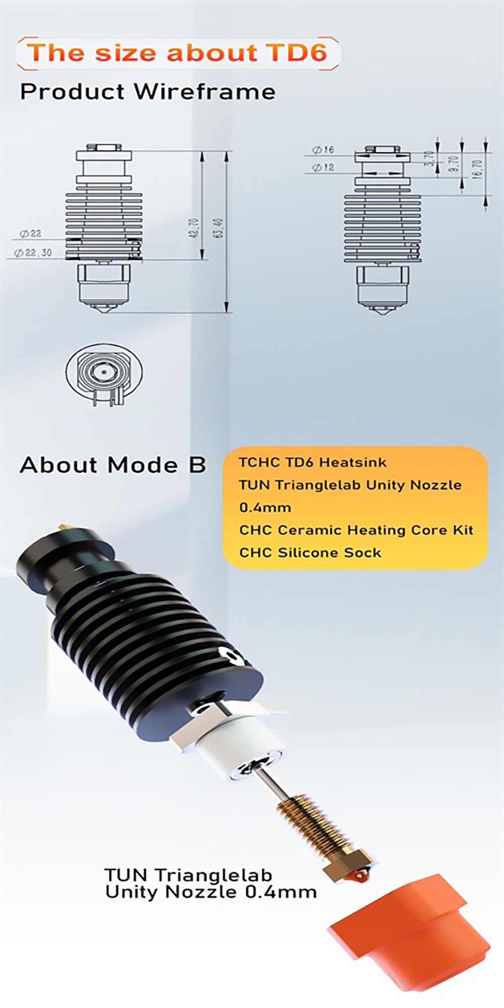 Trianglelab TCHC TD6 Model B 24V Hot End Ceramic Heating Core TUN Nozzle for CHC TD6 V6 Hotend/DDE DDB Direct Drive