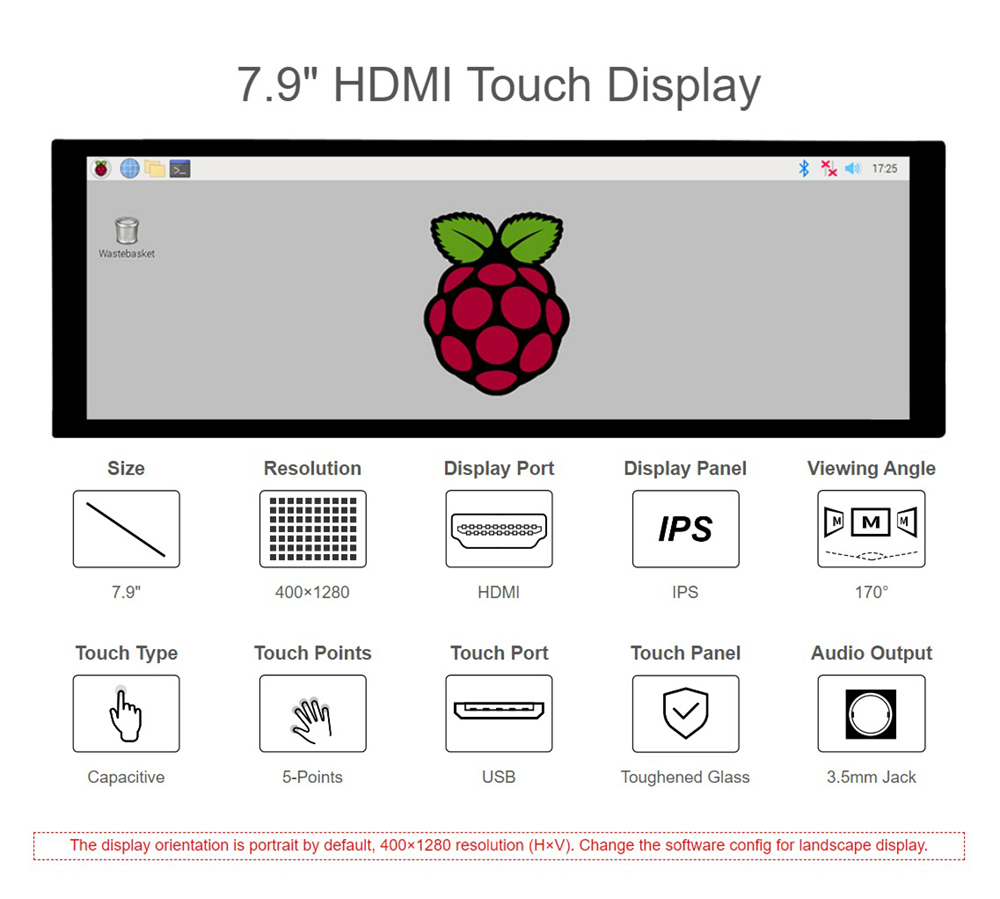 Waveshare 7.9inch Capacitive Touch Screen LCD, 400X1280, HDMI, IPS, Toughened Glass Cover