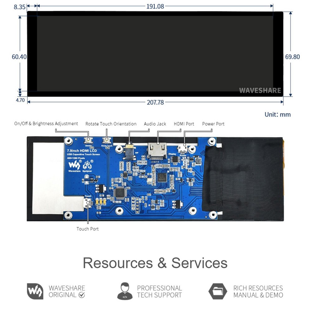 Waveshare 7.9inch Capacitive Touch Screen LCD, 400X1280, HDMI, IPS, Toughened Glass Cover