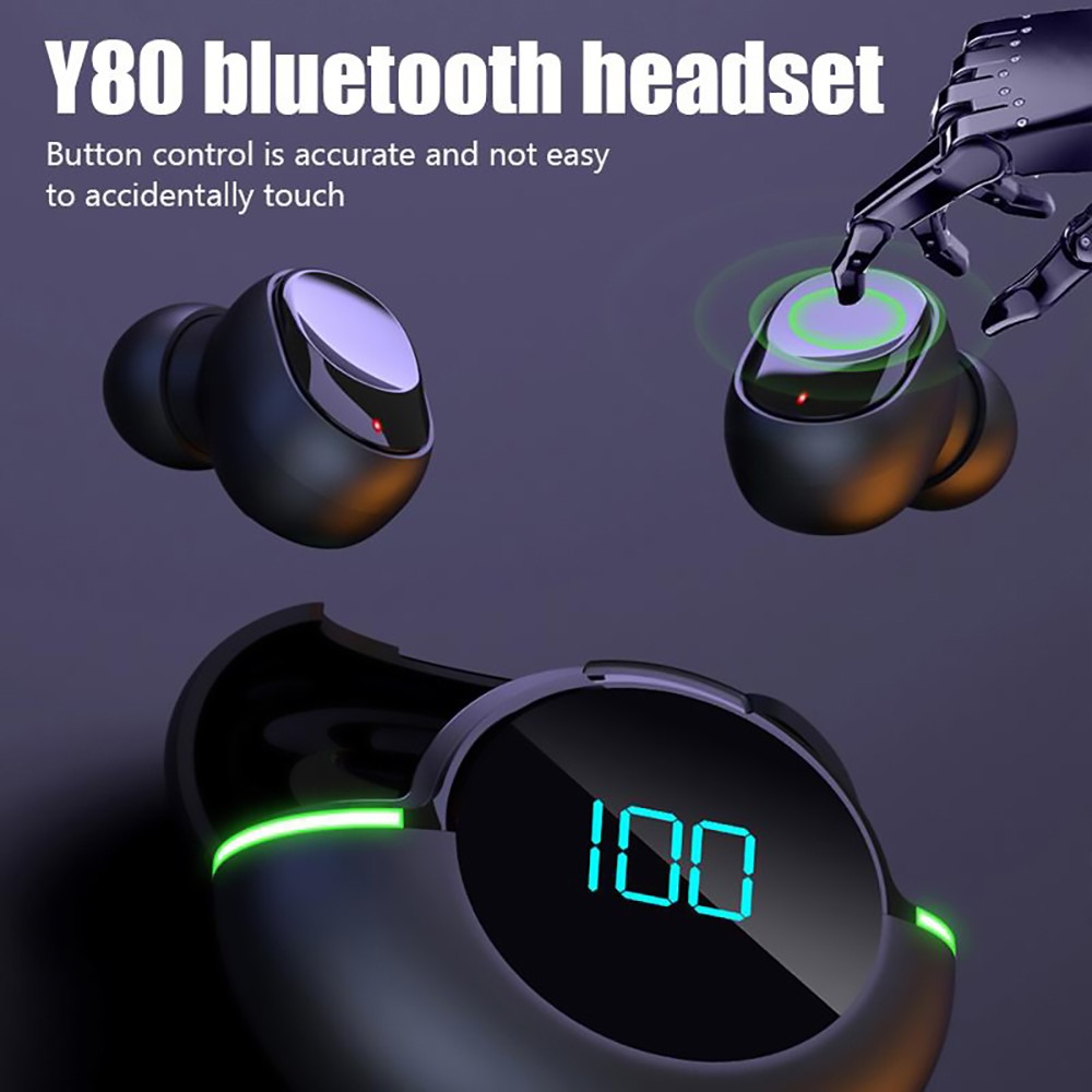 Y80 Bluetooth 5.1 TWS Earphone Wireless Digital Display HD Stereo Sports Headphones Black