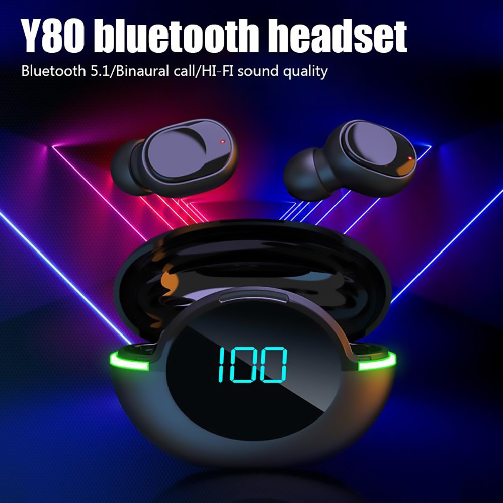 Y80 Bluetooth 5.1 TWS Earphone Wireless Digital Display HD Stereo Sports Headphones Black