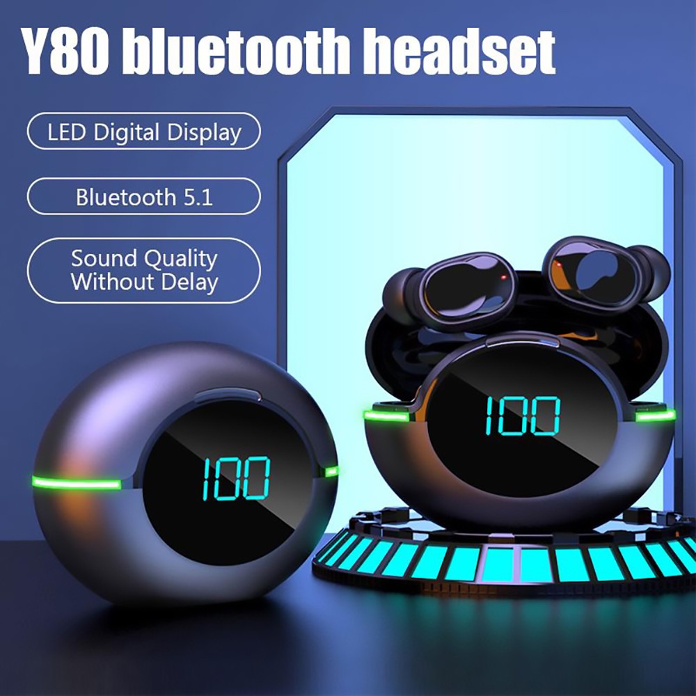 Y80 Bluetooth 5.1 TWS Earphone Wireless Digital Display HD Stereo Sports Headphones Black