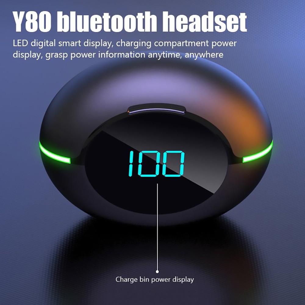 Y80 Bluetooth 5.1 TWS Earphone Wireless Digital Display HD Stereo Sports Headphones Black