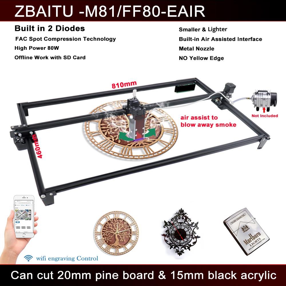 ZBAITU M81 EAIR 10W CNC Laser Engraver, Air Assist, 0.08mm Compressed Spot, Focus Free, Offline Engraving, Cuts 10mm Wood in One Pass, 460*810mm