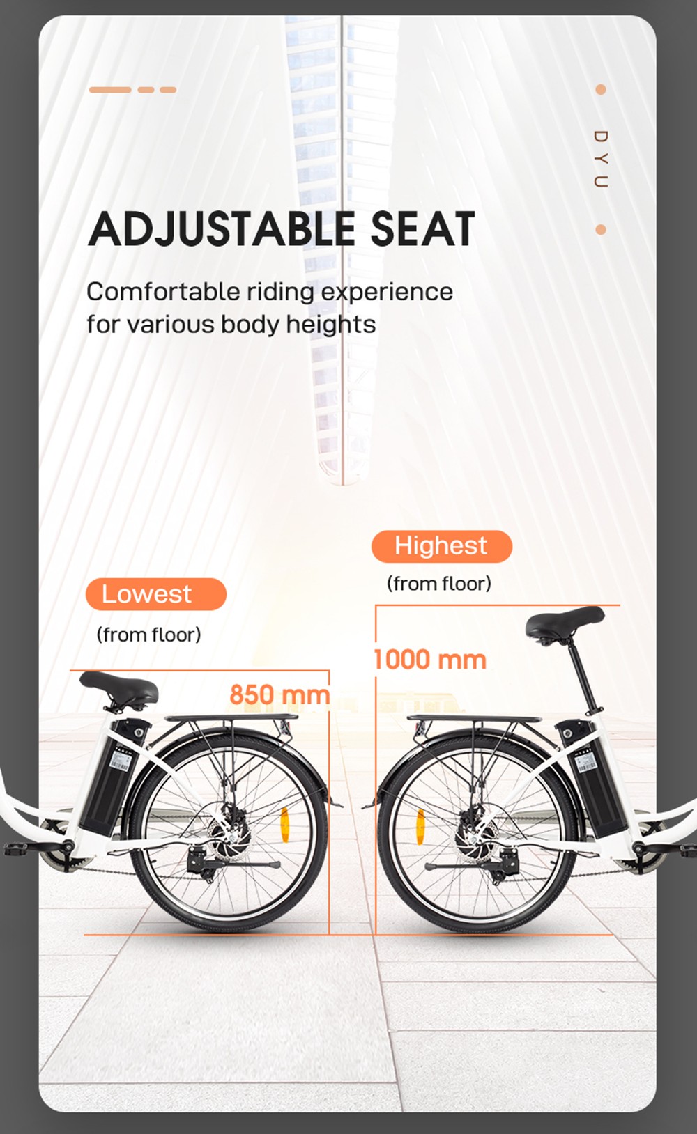 Elektrický bicykel DYU C6 350W motor Max. rýchlosť 25km/h 36V 12.5AH 70km Max. dojazd - biely