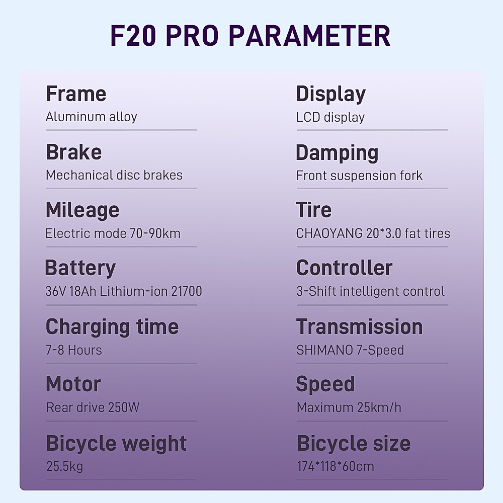 FAFREES F20 Pro Elektrobicykel 20*3.0 Inch Fat Tire 250W Brushless Motor 25Km/h Max Speed 7-Speed Gears With Removable 36V 18AH Lithium Battery 150KM Max Range Double Disc Brake Folding Frame E-bike - Purple