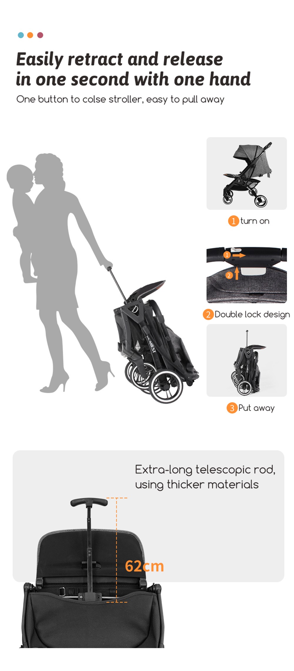 DEAREST 819 Baby Stroller, Comfortable Adjustable Multifunction 4-Wheel Shock Absorption Baby Cart - Black