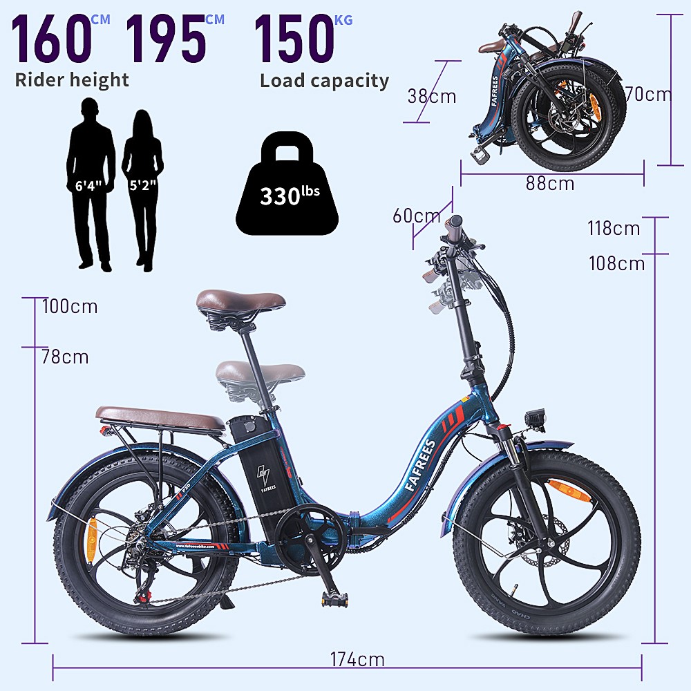 FAFREES F20 Pro Elektrický bicykel 20*3.0 Inch Fat Tire 250W Brushless Motor 25Km/h Max Speed 7-Speed Gears With Removable 36V 18AH Lithium Battery 150KM Max Range Double Disc Brake Folding Frame E-bike - Blue
