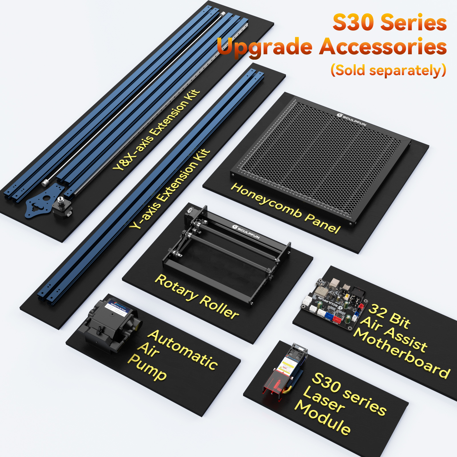 SCULPFUN S30 Pro Max 20W Laser Engraver Cutter, Automatic Air-assist, 0.08x0.1mm Laser Focus, 32-bit Motherboard, Replaceable Lens, 410x400mm, Expandable 935x905mm