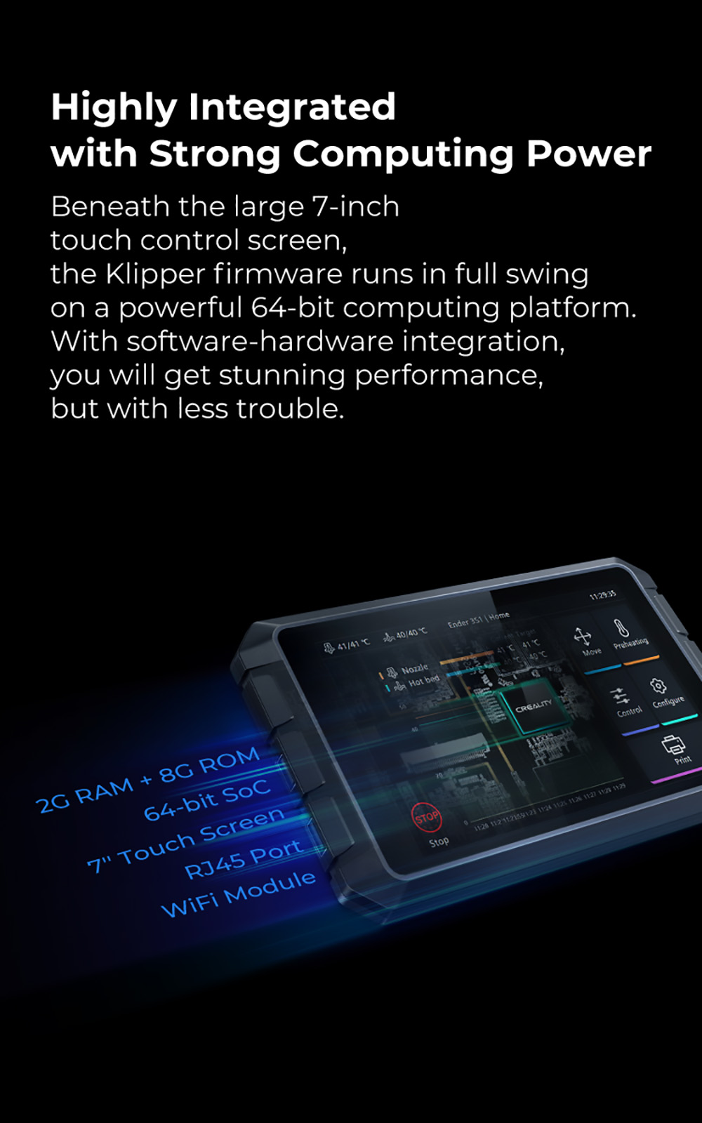Creality Sonic Pad, Tapis d'impression 3D Open Source basé sur Klipper, Écran de contrôle précis de 7 pouces, Résolution 1024x600, Carte mère 64 bits - Noir