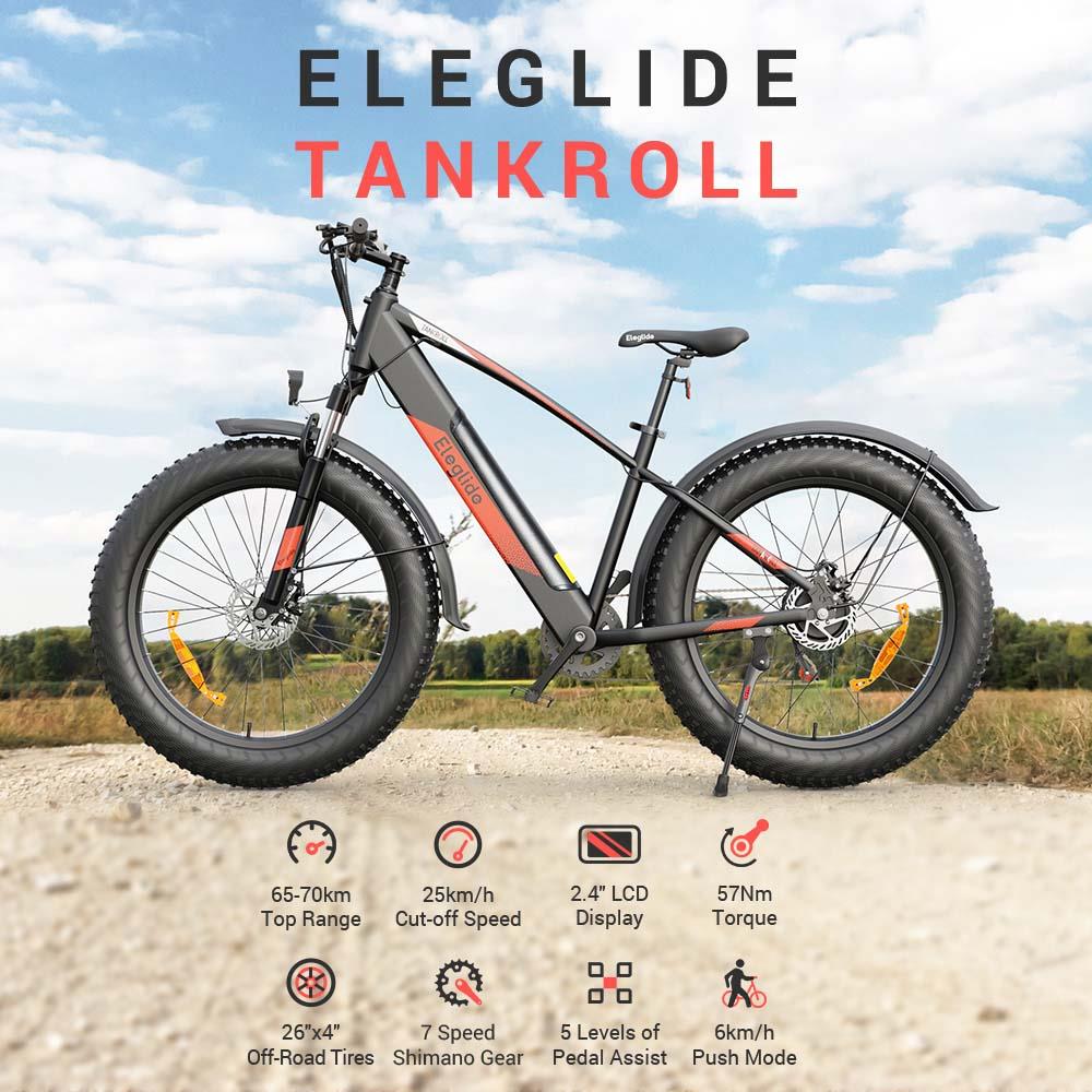 Eleglide Tankroll Electric Mountain Bike 26*4.0 Inch Fat Tires 250W Motor 25Km/h Speed 48V 10Ah Battery Shimano 7-Speed Gear 70KM Top Range Dual Disc Brake 57N.m Powerful Motor Moped Fat Bike