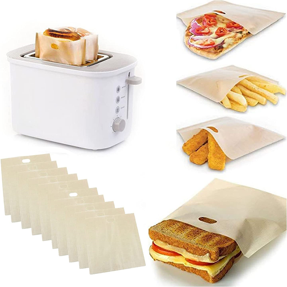 Non-Stick Teflon Toaster Bags, Reusable, Heat Resistant, Microwave BBQ Bag for Grilled Cheese Sandwiches, 10Pcs - Size L