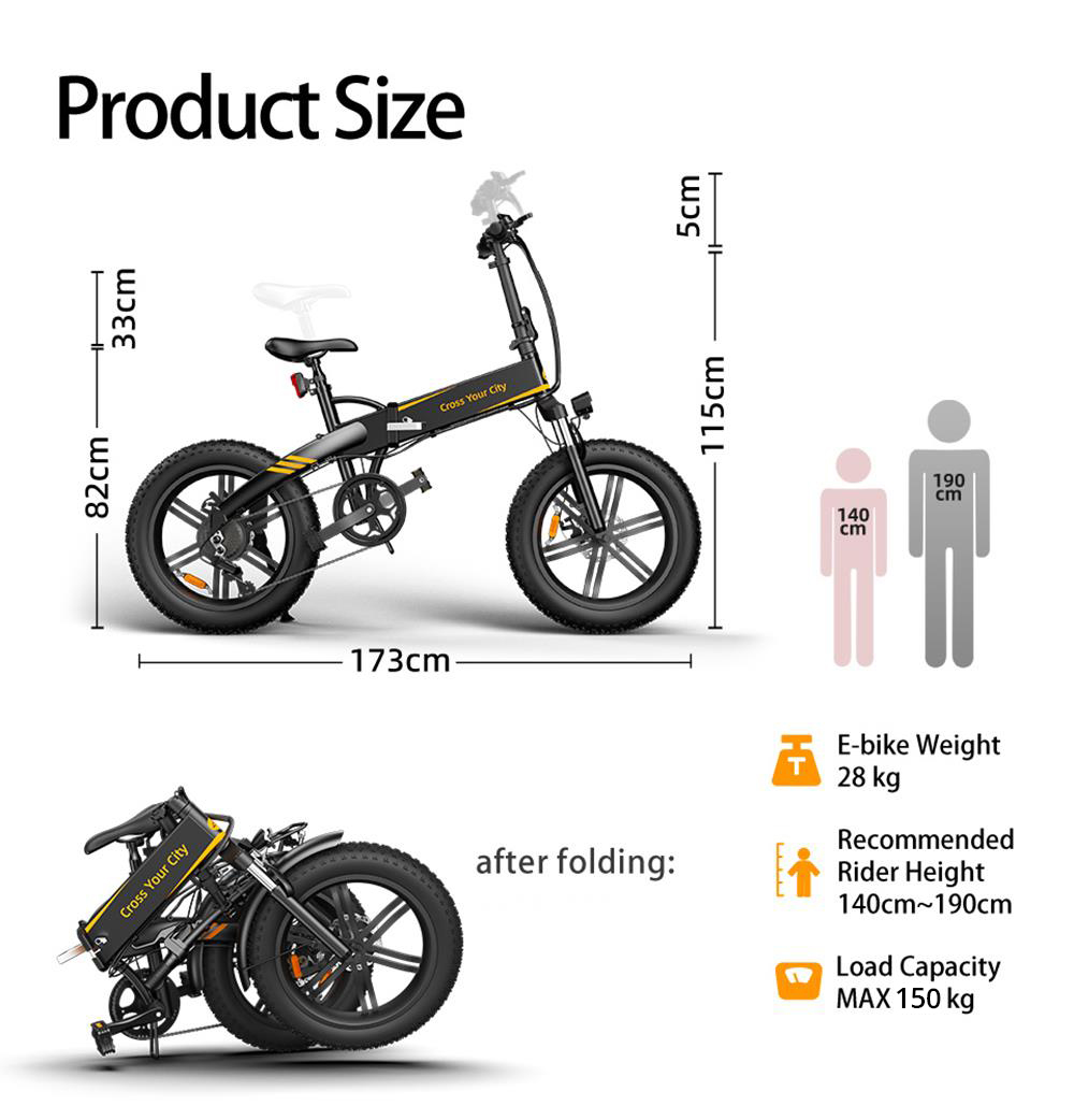 ADO A20F+ International Version Off-road Electric Folding Bike 20*4.0 inch 500W Brushless DC Motor SHIMANO 7-Speed Rear Derailleur 36V 10.4Ah Removable Battery 25km/h Max speed Pure power up to 50km Range Aluminum alloy Frame - Black