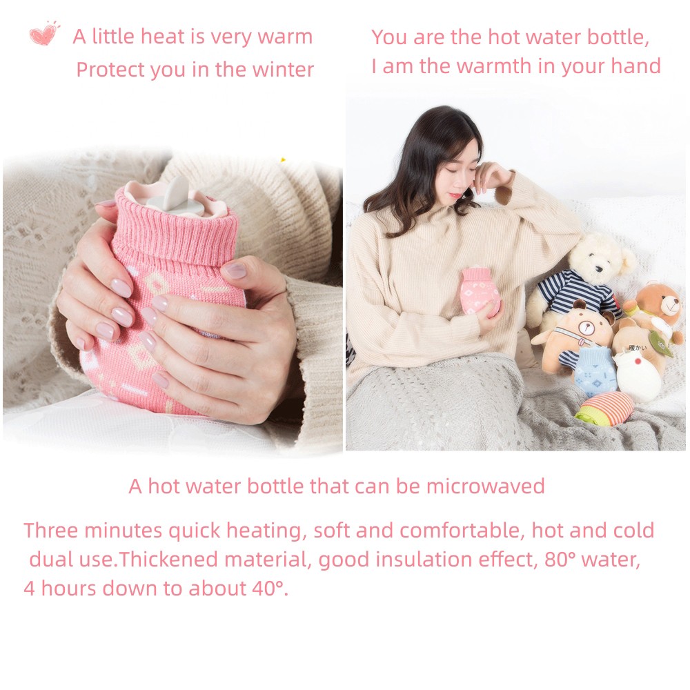310ml Silicone Hot Water Bag with Knitted Cover, Water-Filled Tank Mini Hand Warmer, Microwave Heating, Belly Warm