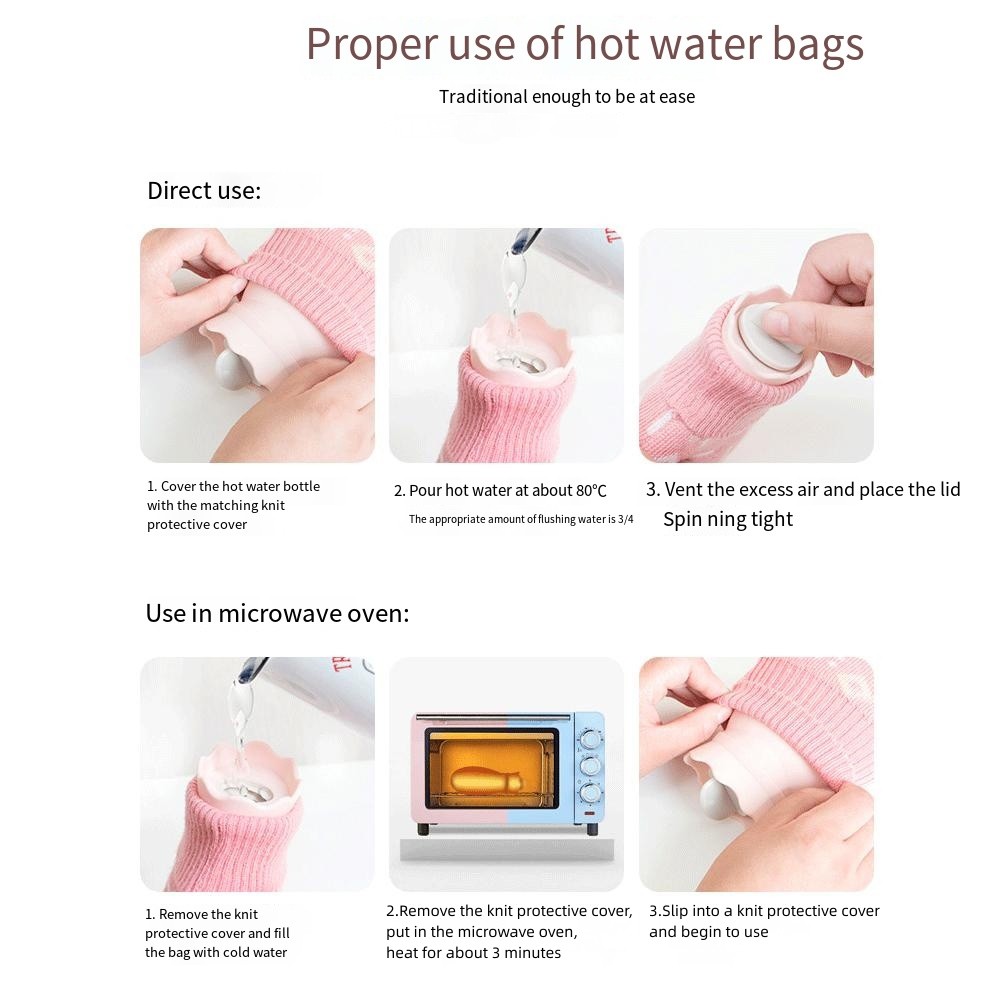 310ml Silicone Hot Water Bag with Knitted Cover, Water-Filled Tank Mini Hand Warmer, Microwave Heating, Belly Warm